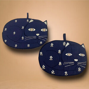 Vintage Lot 2 x Cat Potholders Navy Blue Floral Embroidered Retro Linen Kitten